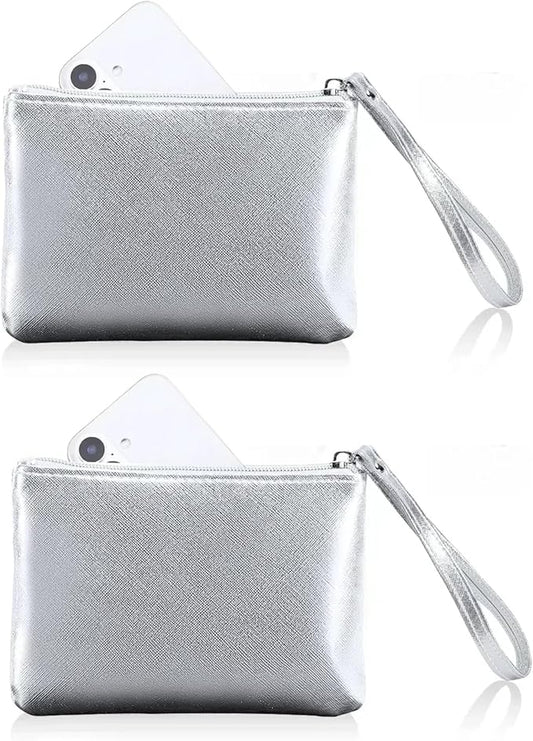 2 Pack Small Zipper Pouch Mini Makeup Bag for Purse Lipstick Cosmetic Travel Make Up Organizer for Women Essentials Feminine Products, Car Change Coin Holder 8x5 Phone Wristlet Wallet, Silver