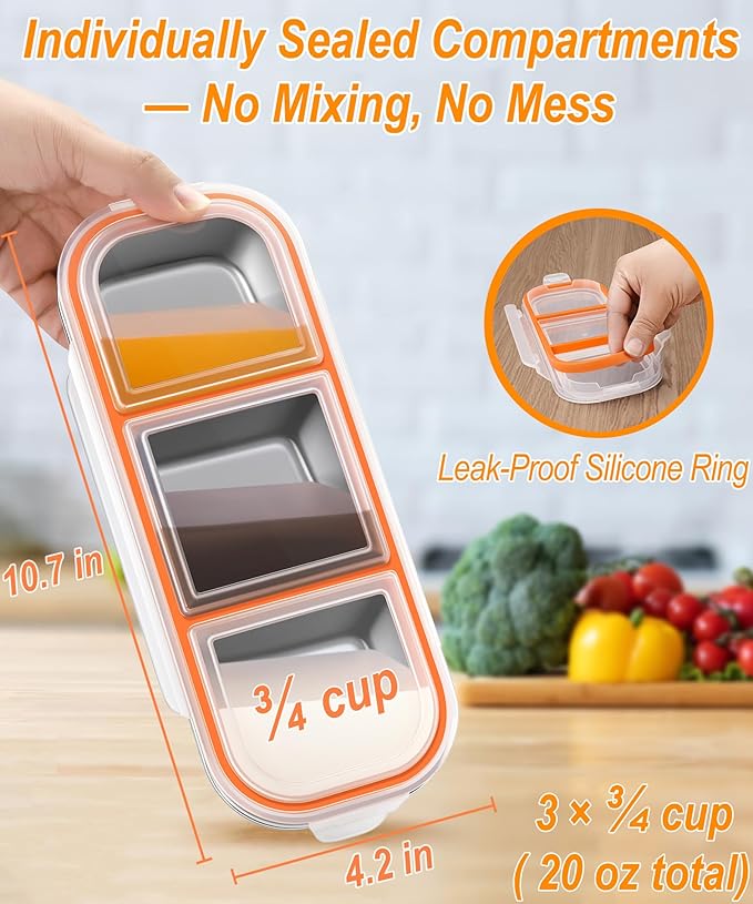 KTKUDY 3 Pack Stainless Steel Snack Containers for Kids & Adults - Leak-Proof 3-Compartment Stackable Snack Lunch Boxes for Daycare, School, Work & Travel