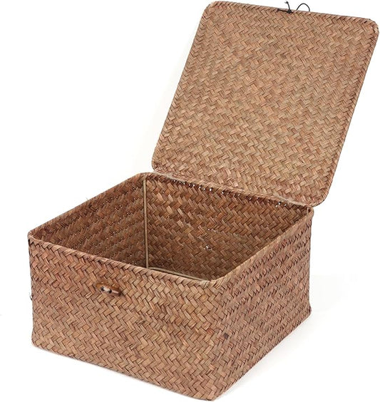 Wicker Shelf Baskets with Lid, Handwoven Seagrass Storage Basket Bins Square Gift Boxes for Shelves Home Decor Organizer (Coffee, Medium)