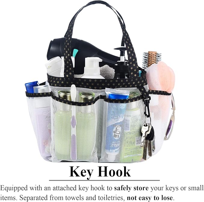Haundry Mesh Shower Caddy Bag, Large College Dorm Bathroom Organizer with 8 Pockets, Hanging Portable Tote Bag for College Dorm Room Essentials, Beach, Swimming, Gym, Camping
