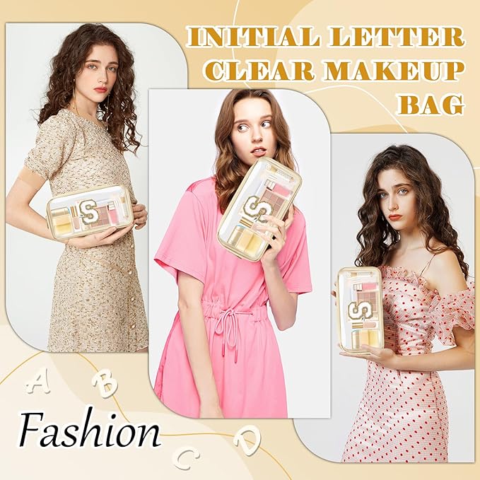 Personalized Initial Letter Clear Makeup Bag, Preppy Small Nylon & PVC Cosmetic Zipper Bag with Chenille Letter, Portable Beach Travel Skincare Toiletry Bag, Trendy Monogram Gift for Teen Girls Women, S