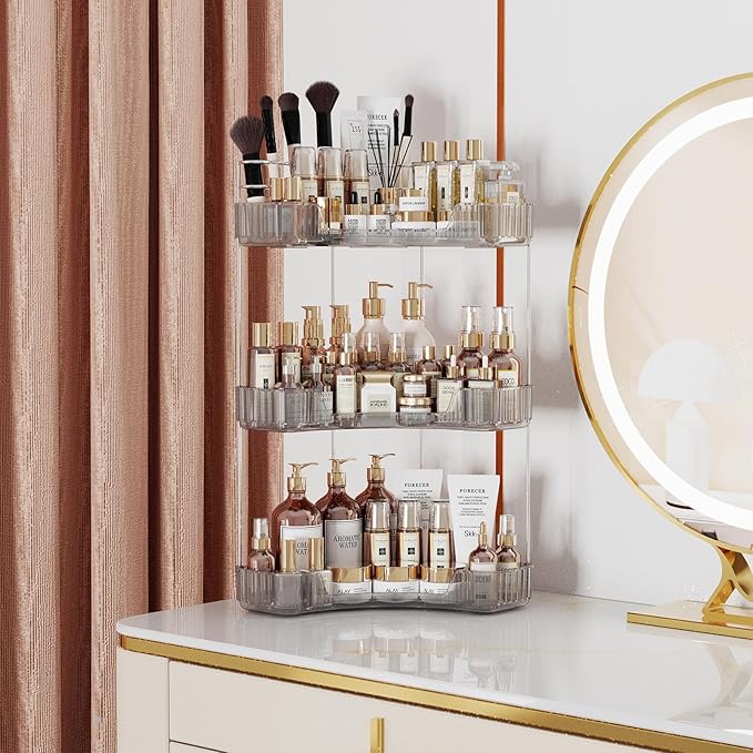 3-Tier Corner Bathroom Counter Organizer with Top Toothbrush Holders,Large Makeup Organizer Countertop with Brush Holder,Skincare Organizers Corner,Exquisite Vanity Organizer (Gray, 3 Tier)