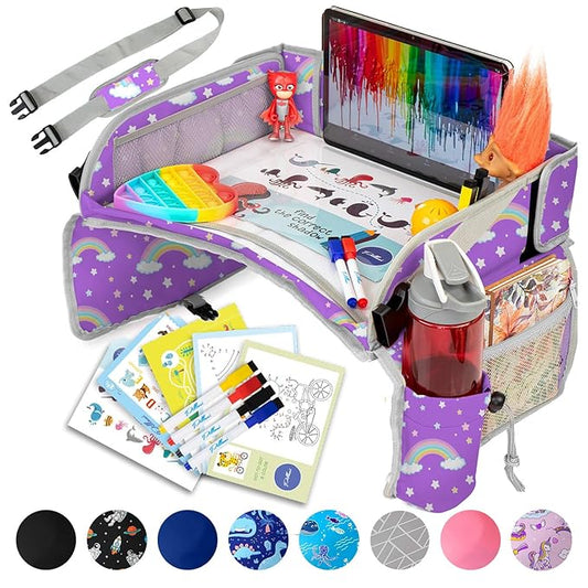 PILLANI Kids Travel Tray for Car - Car Seat Tray for Kids Travel, Road Trip Essentials Must Haves - Carseat Table Roadtrip Activities - Toddler Lap Desk Organizer for Airplane - Kids Travel Essentials