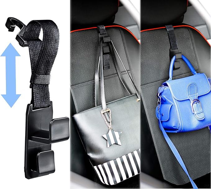 Adjustable Headrest Hooks for Car, Purse Hanger Headrest Hook Holder for Car Seat Organizer Hook for Purse or Grocery Bags,2 Pack, Black