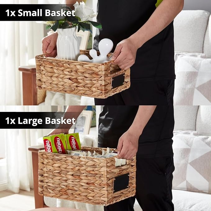 DECOMOMO Wicker Storage Baskets, Handwoven Pantry Baskets, Water Hyacinth Storage Baskets w/Chalkboard and Marker (Natural, Set of 2)