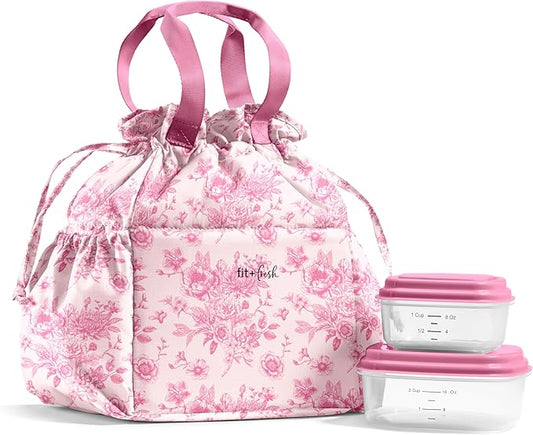 Fit & Fresh Cromwell Drawstring Lunch Bag for Women, Complete Lunch Set with 2 Containers, Stain-Resistant, Leak-Resistant, Back to School Essential, Teacher Lunchbox, Pink Floral Toile