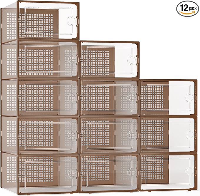 Kuject X-Large Shoe Storage Boxes Organizers for Closet 12 Pack, Fit Size 11, Clear Plastic Stackable Sneaker Containers for Entryway, Space Saving Shoe Rack, Brown