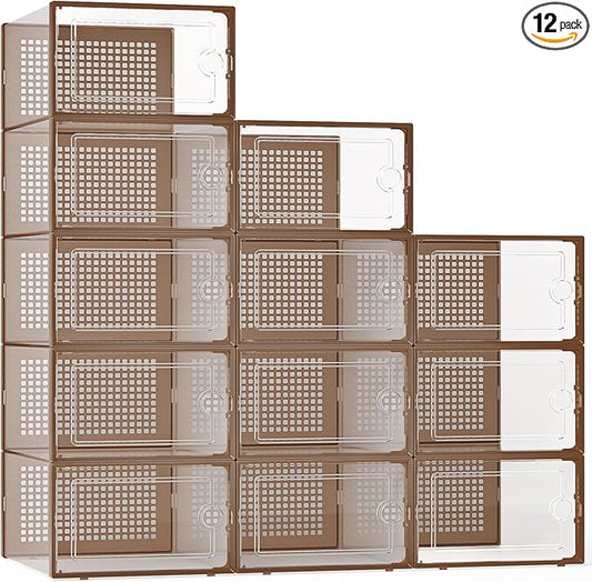 Kuject X-Large Shoe Storage Boxes Organizers for Closet 12 Pack, Fit Size 11, Clear Plastic Stackable Sneaker Containers for Entryway, Space Saving Shoe Rack, Brown