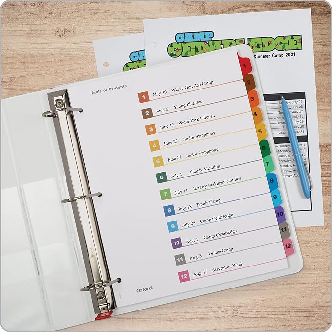 Oxford Binder Dividers, 12 Tabs, Numbered 1–12, 3 Pack, Customizable Table of Contents Page, Reversible Multicolor Tabs, 3-Hole Punched for Binders