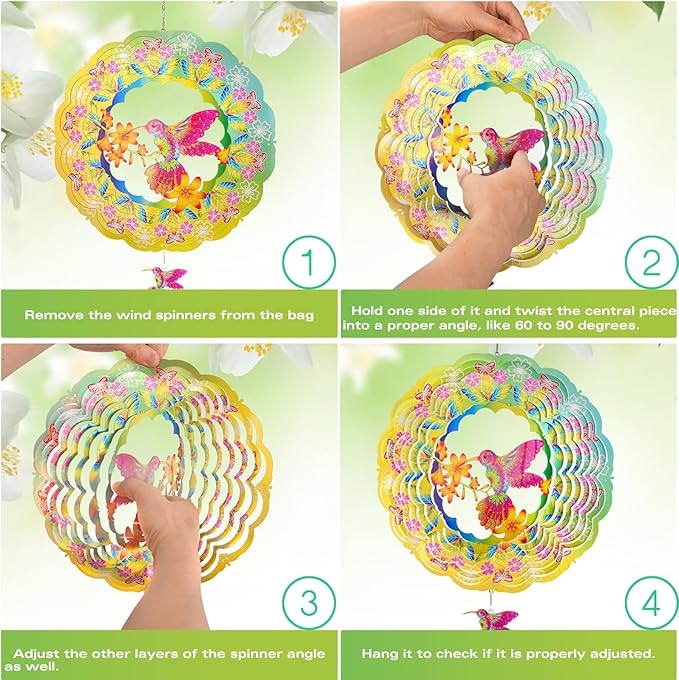 Wind Spinners - 12 Inches Hummingbird Wind Sculptures, 3D Reflective Metal Wind Spinner for Yard and Garden, Home, Outside, Patio Decor, Gifts for Mom, Daughter, Grandma's Birthday, Blue Green