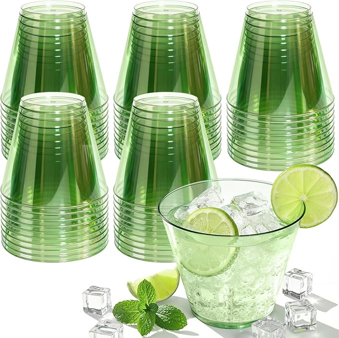 150 Pack Clear Plastic Cups 9 oz Green Plastic Cups for Cocktail Fancy Disposable Cup for Party Stemless Wine Glasses for Party Wedding Graduation