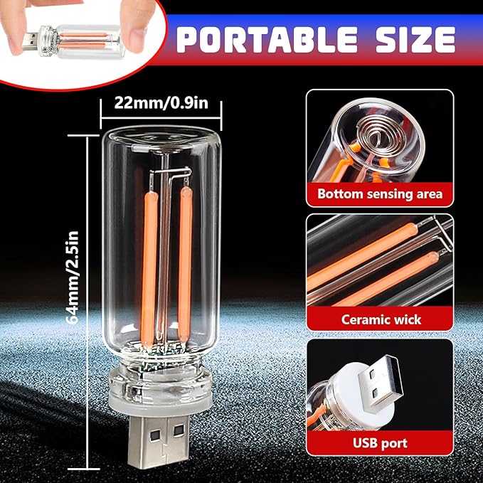 2PCS Car USB Night Lights, Touch Dimmable Vehicle Interior Ambient Lamp, Portable Retro Glass LED Light for Auto Decorations, Bedroom, Office, Travel, Camping, Gifts for Women and Men (Red)