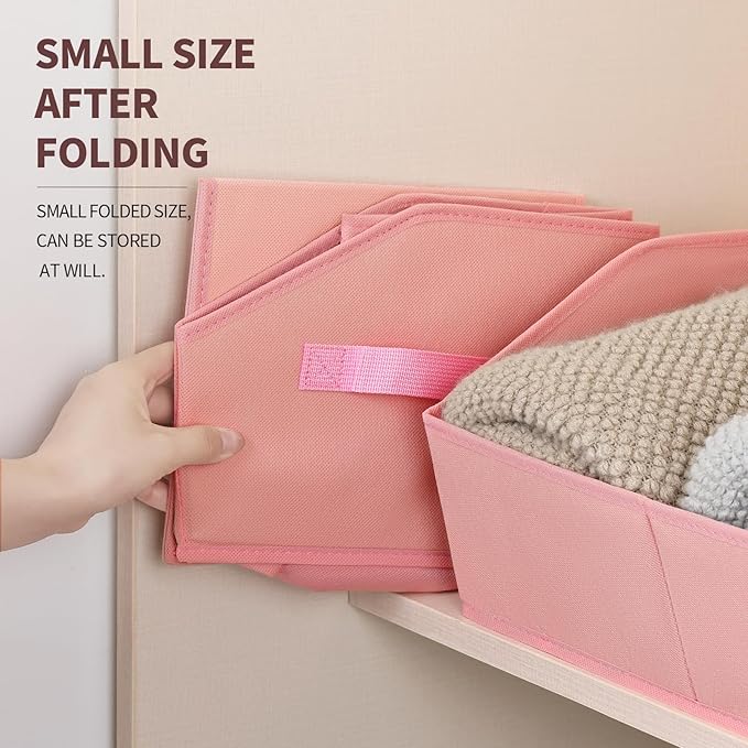Closet Baskets for Shelves Trapezoid - Decorative Storage Baskets with Handle, Closet Bins for Organization, Shelf Storage Bins for Clothes, Books, Home, Office, 6 Pack, Pink