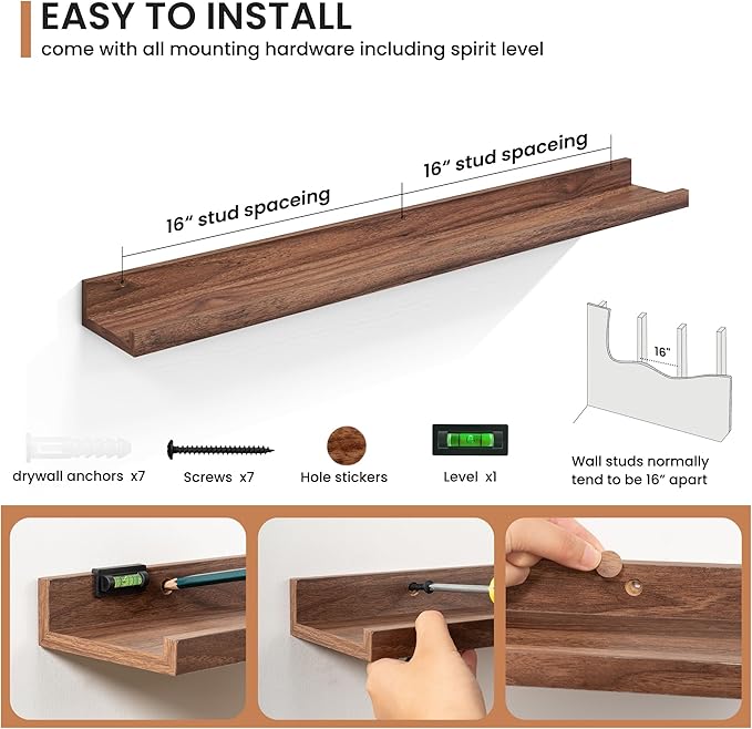 Fun Memories Picture Ledge Shelves Set of 2, 36 Inch Rustic Wall Mounted Floating Shelves with Lip for Home Storage and Decor in Bathroom, Kitchen, Nursery, Bedroom, Living Room, Walnut