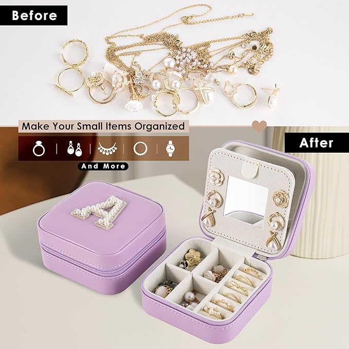 Travel Jewelry Case, Small Jewelry Box Organizer with Personalized Initials, Gifts for Girl Women, Wife Girlfriend Daughter Niece, Bridesmaid Gifts, Birthday