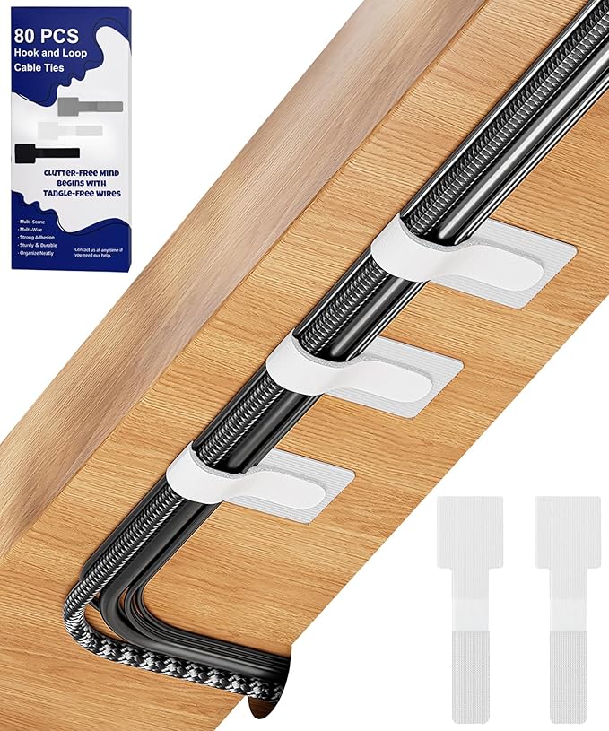 80PCS Hook and Loop Cable Ties, Hook and Loop Cable Straps, Under Desk Cable Management, Adhesive Cable Clips, Sticky-Back Cord Organizer for Desk, Household & Office Organization (White)