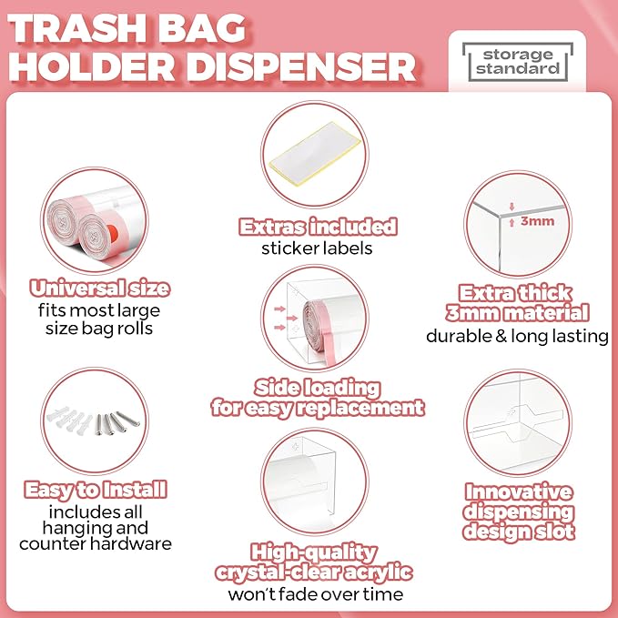 Storage Standard Trash Bag Holder Dispenser 10.5'' x 7'' x 7''- Acrylic Bags Dispensing Roll Organizer Holder, Garbage Liner Holder for Cabinet, Garbage & Under Sink - Open Side Design