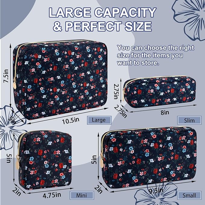 Waterproof Large Floral Makeup Pouch, Nylon Travel Toiletry Storage Purse, Preppy Cosmetic Bag for Women Girl, Large Capacity Makeup Organizer Zipper Pouch for Work (L Black-Flowers)