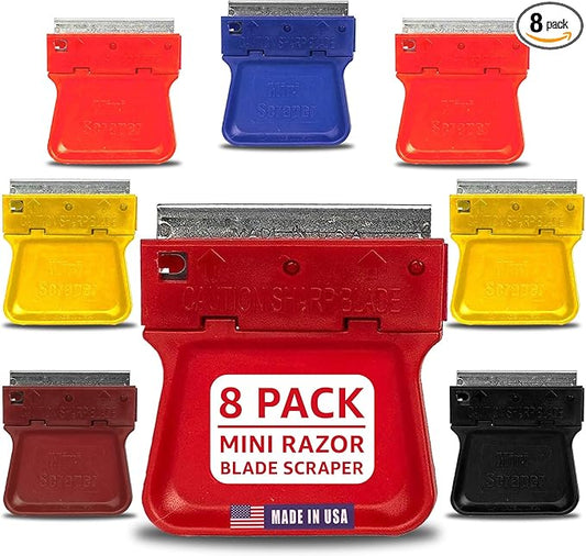 MINISCRAPER® Original Mini Scraper – 8 Pack | Safe Plastic Razor Blade Scraper for Stickers, Labels, Paint, Adhesive, Glass, Auto, Kitchen & Craft Use | USA‑Made, High‑Visibility Colors