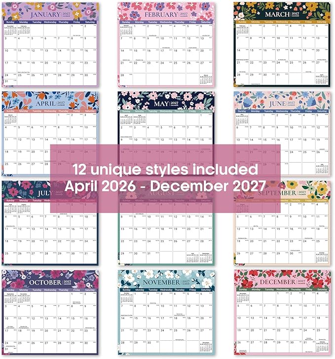 Aesthetic 2026-2027 Magnetic Calendar for Refrigerator, 21-Month Fridge Calendar Magnet from April 2026 to December 2027, Easy Organizing，Twilight Petals