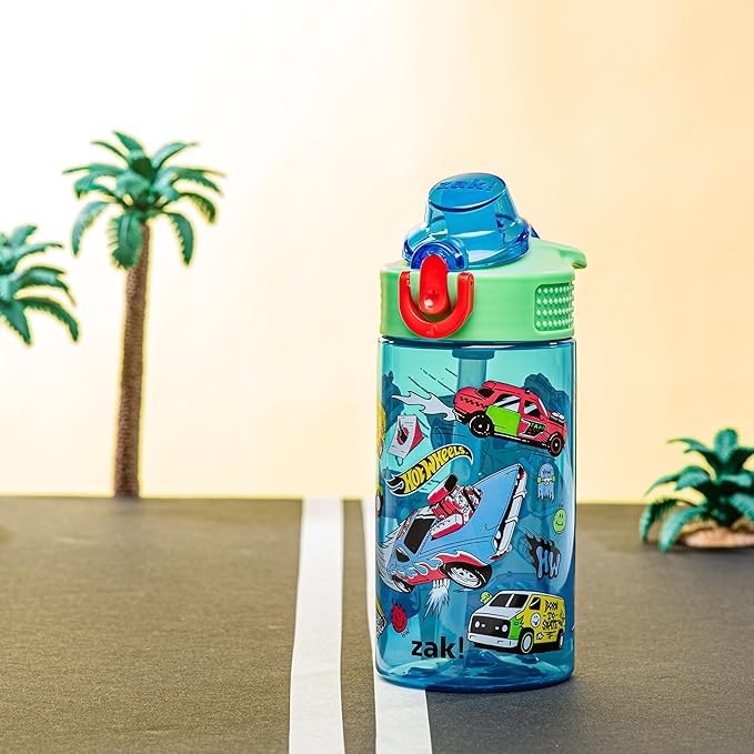Zak Designs Mattel Hot Wheels Sage Kids Water Bottle For School or Travel, 16oz Durable Plastic Water Bottle With Straw, Handle, and Leak-Proof, Pop-Up Spout Cover (Hot Wheels)