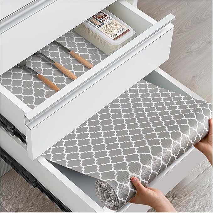 Drawer and Shelf Liner, Non-Slip Kitchen Cabinet Liners Non-Adhesive Thick Strong Grip Waterproof Washable Mats Protect Dresser Shelves Cupboard Bathroom Cabinets, Gray, 24 in X 10 FT