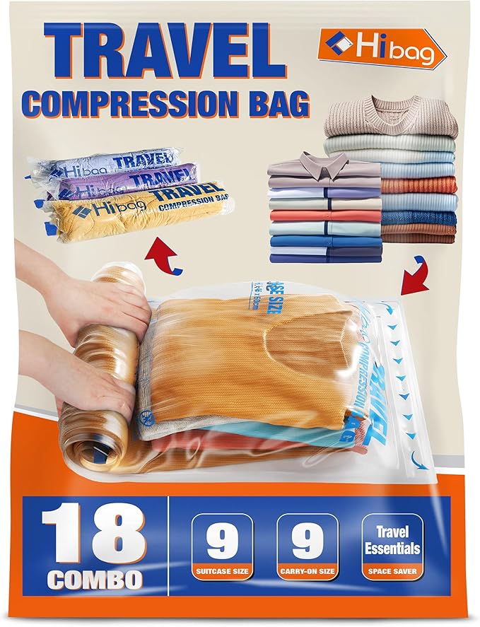 18 Compression Bags for Travel Essentials, Vacuum Packing Space Saver Bags for Cruise Accessories (18-Travel)