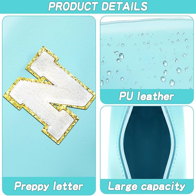 Gifts for Girls Initial Makeup Bag Personalized Cosmetic Bag with Zipper Cute Travel Toiletry Bag Waterproof PU Preppy Makeup Pouch Birthday Gift for Teen Girls Women(Blue N)