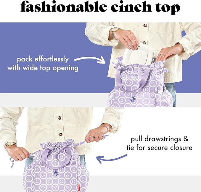 Fit & Fresh Cromwell Drawstring Lunch Bag for Women, Complete Lunch Set with 2 Containers, Stain-Resistant, Leak-Resistant, Back to School Essential, Teacher Lunchbox, All Smiles Lavender