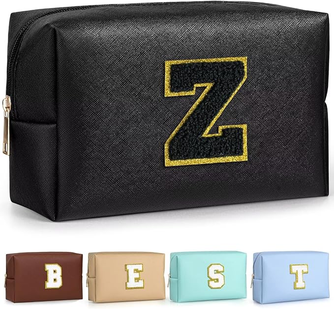 TOPEAST Preppy Makeup Bag, Small Cosmetic Travel Bags for Women, PU Leather Waterproof Toiletry Bag with Zipper, Personalized Birthday Gift for Women Girl, Preppy Gifts for Girl (Black Z)