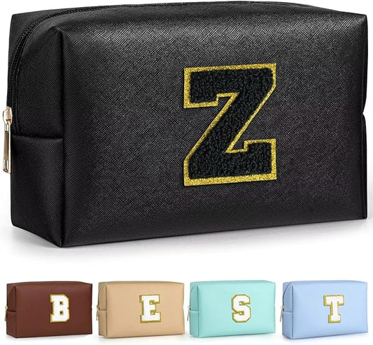 TOPEAST Preppy Makeup Bag, Small Cosmetic Travel Bags for Women, PU Leather Waterproof Toiletry Bag with Zipper, Personalized Birthday Gift for Women Girl, Preppy Gifts for Girl (Black Z)