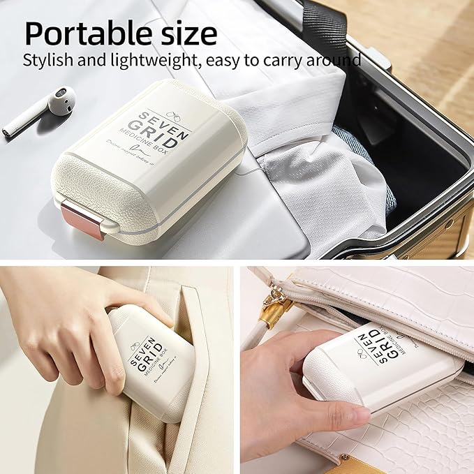 Portable Pill Organizer, Pill Box with 7 Compartments, Small Pill Case for Travel, Daily Medicine Pill Organizer with Air-Tight Lid, BPA-Free Material Pill Container (White)