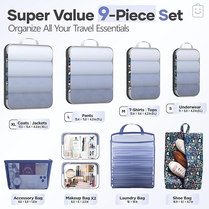 Veken 9/11 Set Compression Packing Cubes for Travel Essentials,Compressible Expandable Large Luggage Suitcase Organizer Bags for Clothing,Durable Space Saver Storage Bags(Dark Blue Floral)