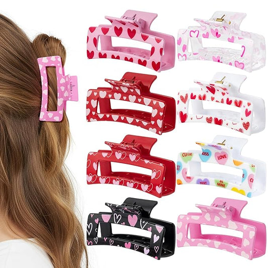 PANTIDE 8Pcs Valentine's Day Hair Claw Clips for Women Girls - Conversation Heart Candy Rectangle Nonslip Banana Acrylic Hair Clips, Thin Thick Short Long Curly Accessories, Valentines Birthday Gift