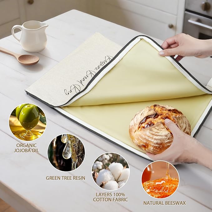2 Packs Wide Zipper Access Beeswax Bread Bags for Homemade Bread,Linen Outer Lining and Pure Cotton Beeswax Inner Lining Moisture-proof Construction,Reusable XLBread Bag with Zip Keeps Fresh Longer