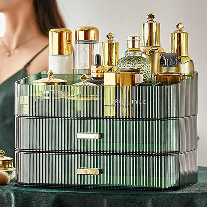 Makeup Organizer with Drawers, Stackable Cosmetics Organizer, Large Make Up Organizer Storage Box, Ideal for Bathroom Countertop and Desk (1 x Tray, Green)