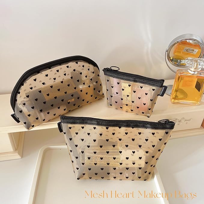 5 Pieces Mesh Heart Makeup Bags Sets, Zipper Mesh Cosmetic Bag Toiletry Bag, Travel Makeup Bags for Women, Small Items Storage Organizer Bags for Home Office Travel (Beige)