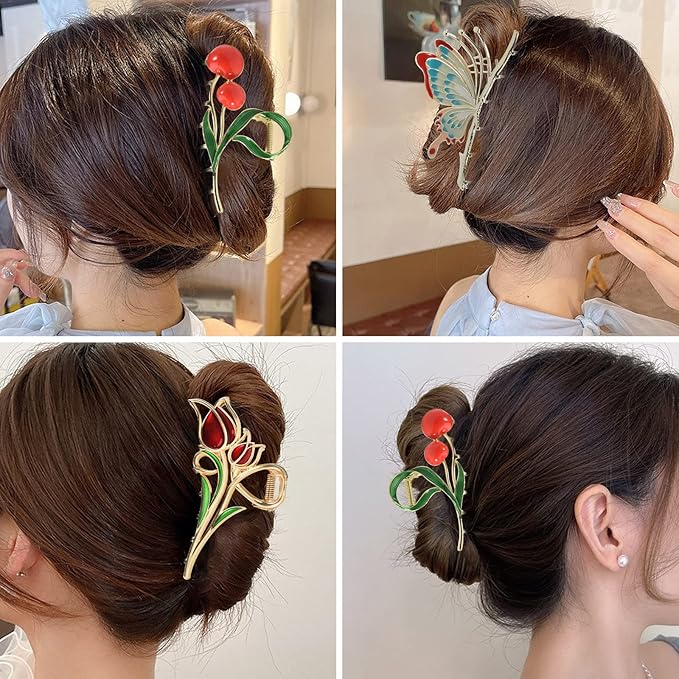 3-Piece Flower Metal Hair Clips, Tulip Floral Hair Claw for Thin/Medium Thick Hair, Elegant Butterfly Barrettes Strong Hold Clamps Non-Slip Cute Cherry Claws Accessories