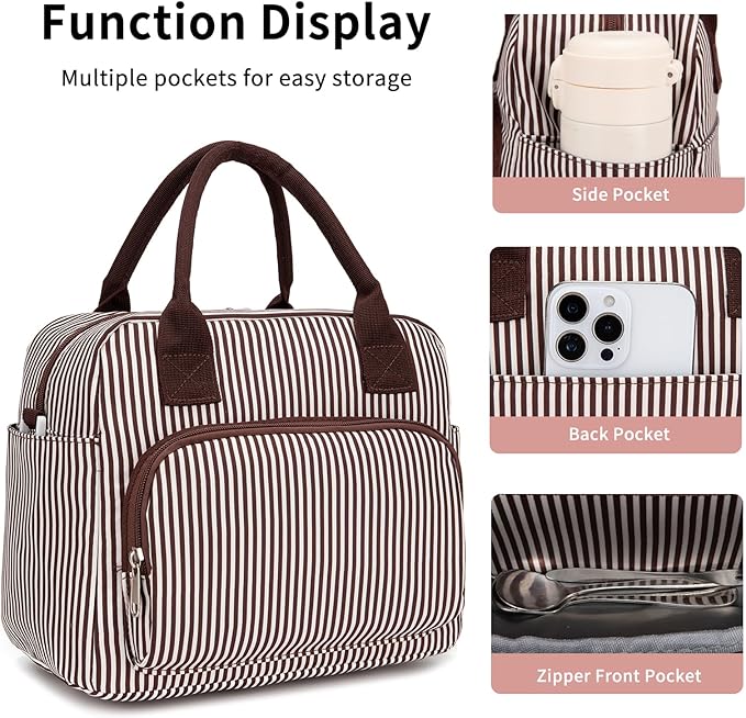 Lunch Bag Women Lunch Box for Women Adult Cute Insulated Lunch Bag Lager Cooler Lunch Tote Bags for Work Picnic (Coffee Stripes)