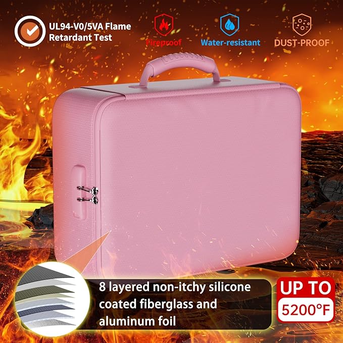 DocSafe 5200°F Document Organizer with Lock,Upgraded Heat Insulated Fireproof＆Waterproof Box 8 Layers File Organizer,Portable Home Travel Safe Storage for Important Documents, Files,Pink (Soft)