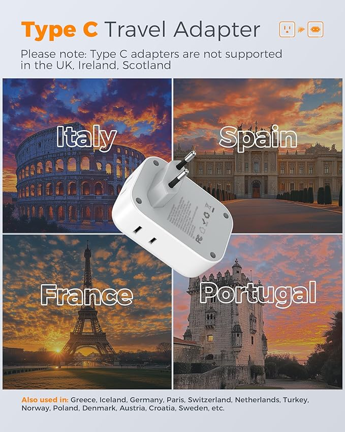 2 Pack European Plug Adapter USB C, TESSAN US to Europe Adapter 4 Outlets 3 USB Charger, Type C International Power Adapter to Italy Spain France Portugal Iceland Germany, Europe Travel Essentials