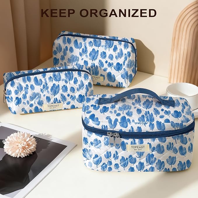 TOPEAST Christmas Gifts for Women Girls - 3Pcs Makeup Bag Large Cotton Travel Makeup Bags, Cute Quilted Floral Cosmetic Organizer Portable Brushes Toiletry Bag Set, Blue Floral