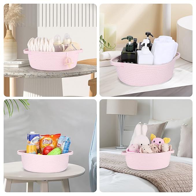Small Woven Basket Cute Oval Cotton Rope Gifts Basket with Handle Empty Baby Wicker Storage Basket nursery Box Bin kids organizer Cat Dog toy basket Easter Basket light pink