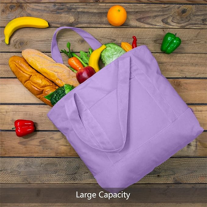 TOPDesign 1-Pack Canvas Tote Bag with an External Pocket, Reusable Grocery Shopping Bag, Top Zipper Closure, Daily Essentials (Lavender)