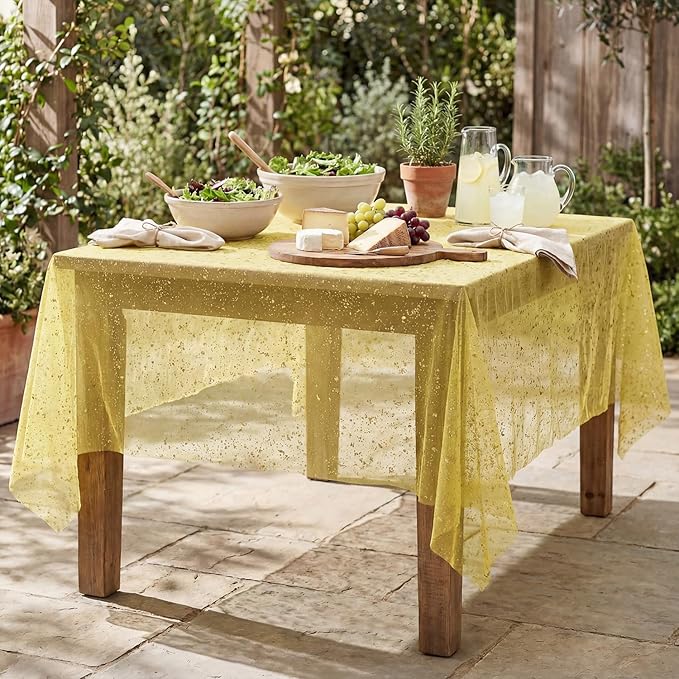 Horaldaily Yellow Gauze Tablecloth 52x70 Inch Rectangular, Golden Sequin Glitter Metallic Foil, Sheer Tulle Cheesecloth for Wedding Baby Shower Ceremony Birthday