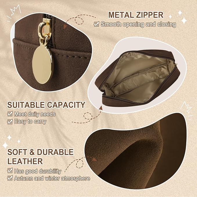 Small Makeup Pouch for Purse, Suede Travel Toiletry Storage Pouch Cute Preppy Cosmetic Bag for Women Girls, Waterproof Makeup Organizer Skincare Bag Purse with Zipper (Small-Coffee)
