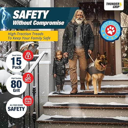 Outdoor Stair Treads Non Slip 30" x 6" - 15-Pack Weather Resistant Exterior Grip Tape for Wooden Steps - Non Slip Stair Treads - Anti Skid Strips - Waterproof 80-Grit Adhesive Treads
