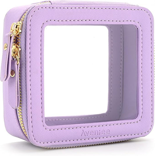 Aveniee Mini Clear Makeup Bag, Small Cosmetic Bags Travel Toiletry Pouch Organizer, TSA Approved Make up Case with Zipper, Car Bag for Essentials,Lilac