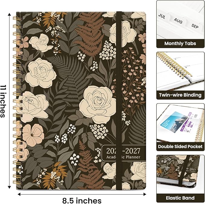 Planner 2026-2027, Academic Year Monthly and Weekly Calendar Planner, Jul 2026 - Jun 2027, Hardcover Teacher Student Planning Agenda book with Tabs, Perfect for School Office Supplies, 8.5" x 11" - Wild Rose