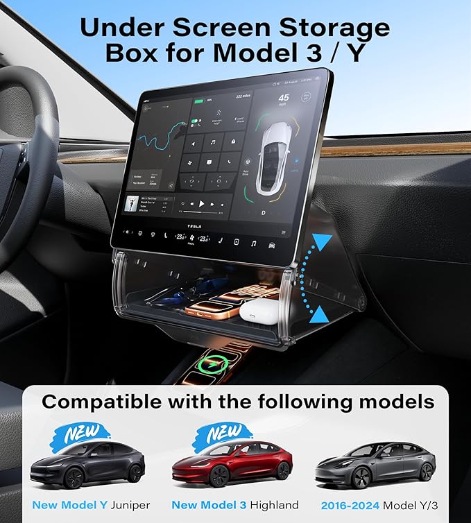 TAZENI Under Screen Storage Box Fit Model Y Juniper Model 3 Highland, Magnetic Hidden Privacy Storage for Model Y 3 Accessories, Center Console Organizer for Model Y 2019~2026 & Model 3 2016-2026